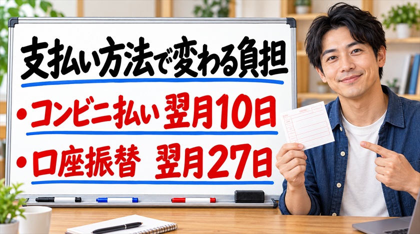 支払い方法で変わる負担。コンビニ払いは翌月10日、口座振替は翌月27日