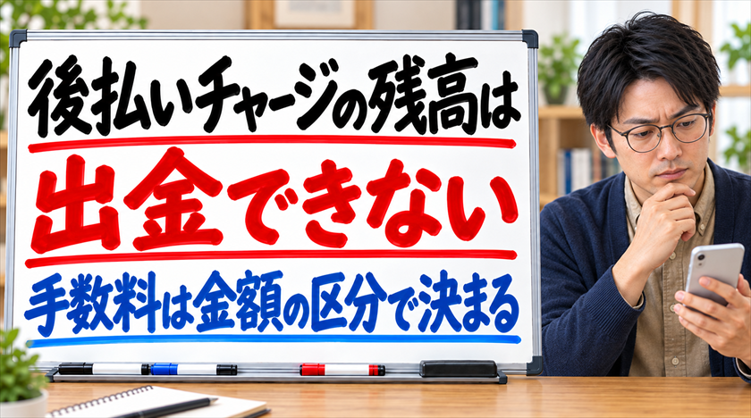 後払いチャージの残高は出金できない。手数料は金額の区分で決まる
