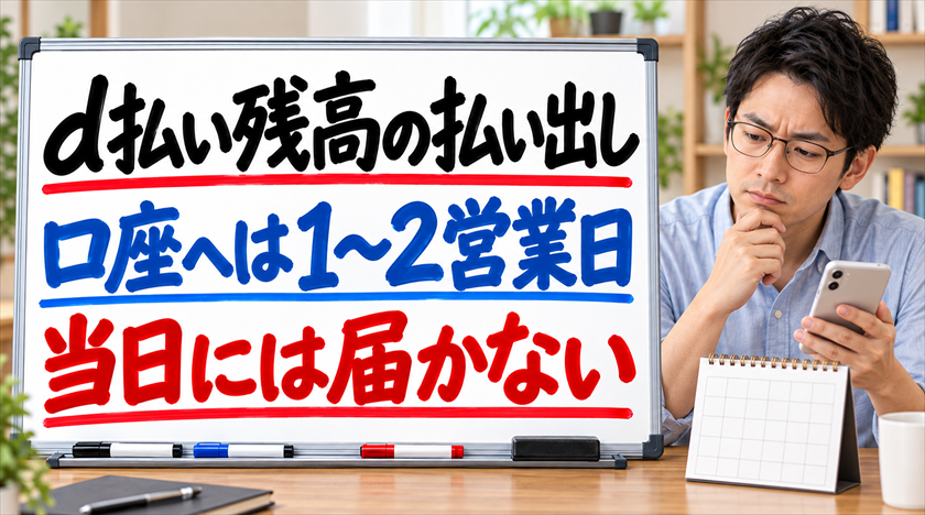 d払い残高の払い出しは口座へ1〜2営業日。当日には届かない