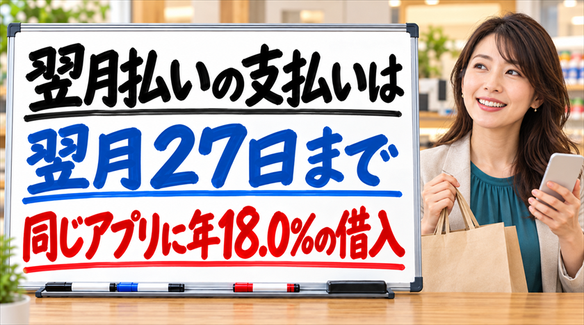翌月払いの支払いは翌月27日まで。同じアプリに年18.0%の借入
