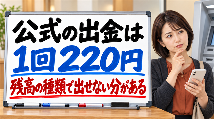 Kyashの公式の出金は1回220円。残高の種類で出せない分がある