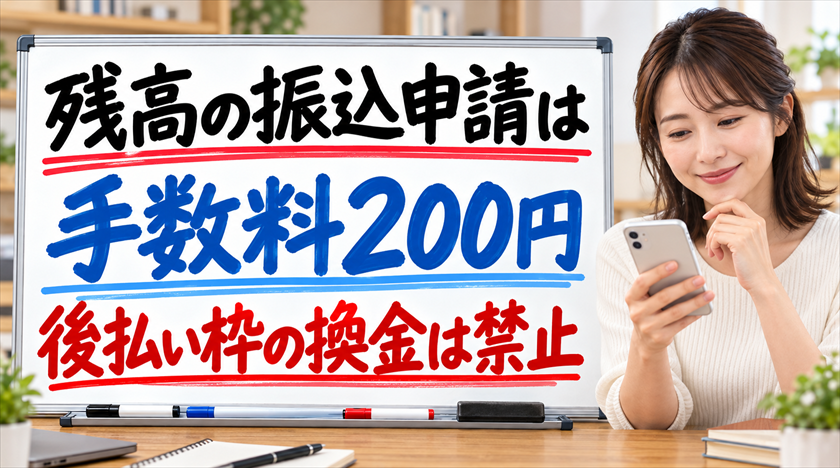 残高の振込申請は手数料200円。後払い枠の換金は禁止