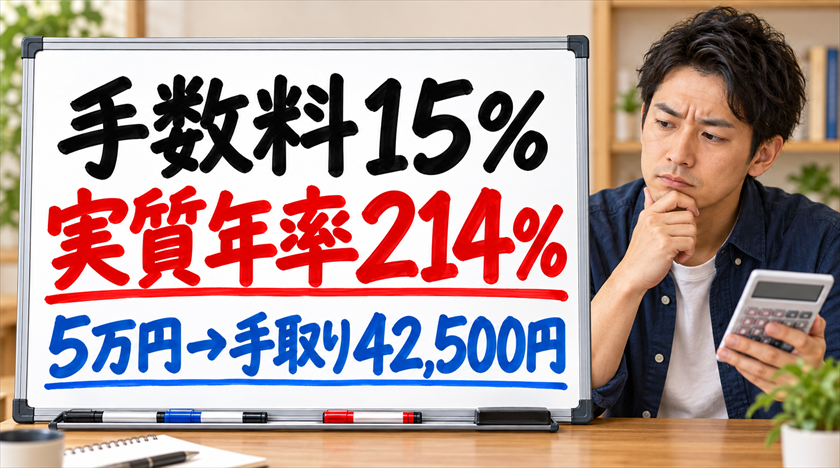手数料15%は実質年率214%。5万円で手取り42,500円