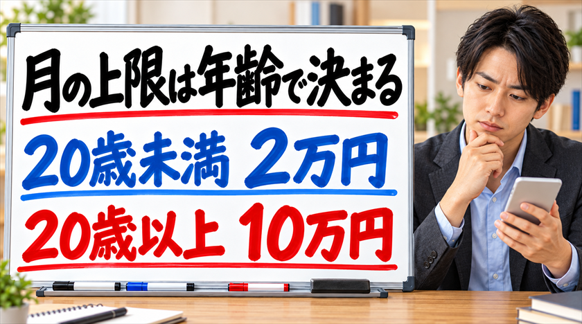 月の上限は年齢で決まる。20歳未満2万円、20歳以上10万円