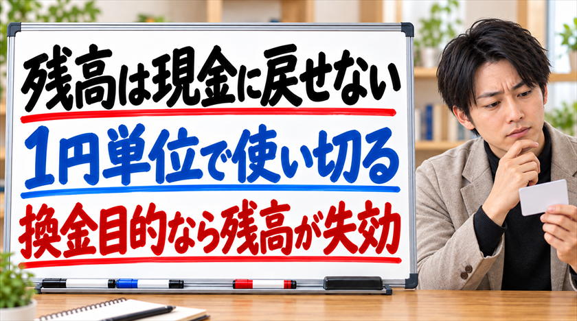 残高は現金に戻せない。1円単位で使い切る。換金目的なら残高が失効